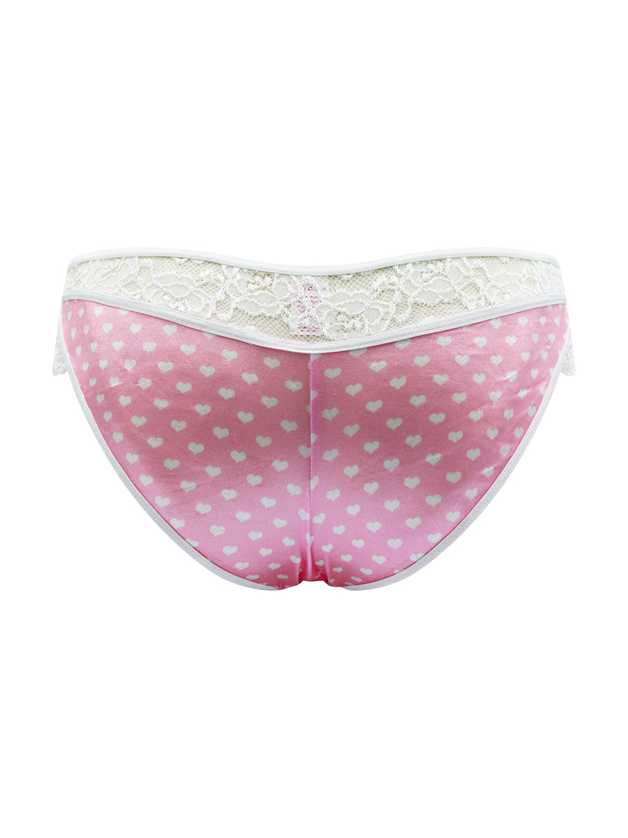 Pink heart-patterned underwear with lace trim on a white background