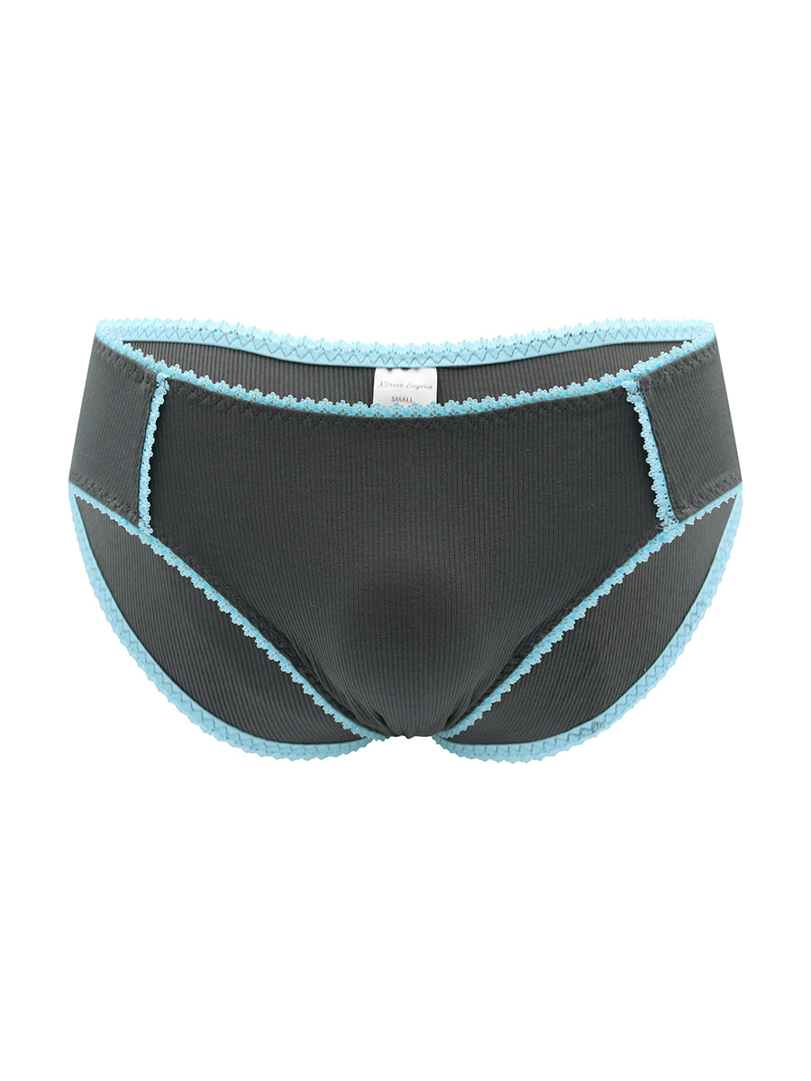 Front view of dark grey panties with blue lace trim on a white background.