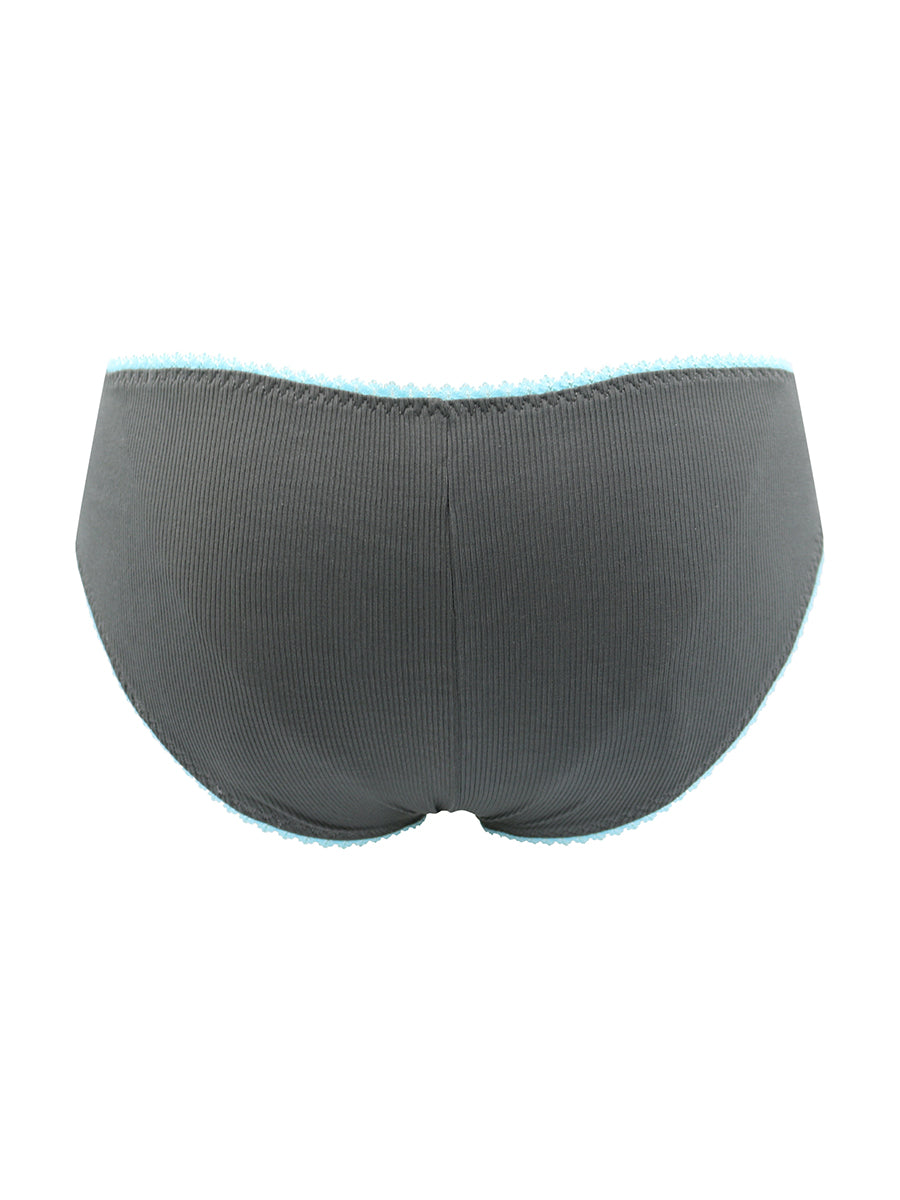 Rear view of dark grey panties with blue lace trim on a white background.