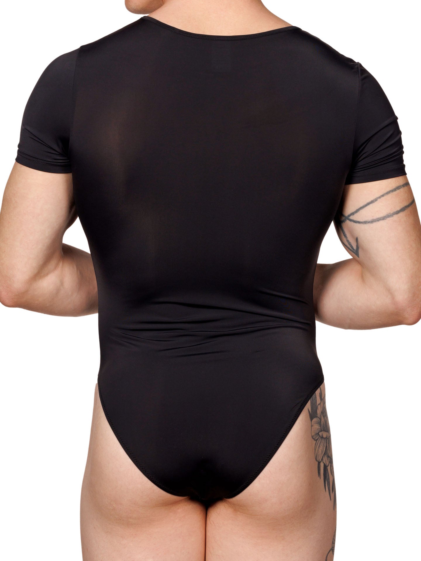 Back view of a male model wearing a black XDress bodysuit with short-sleeves