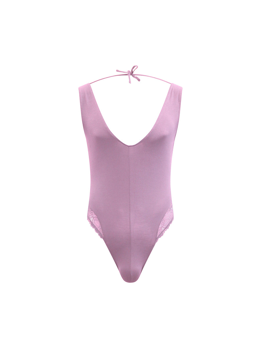 Front view of purple XDress men's lingerie on a white background.
