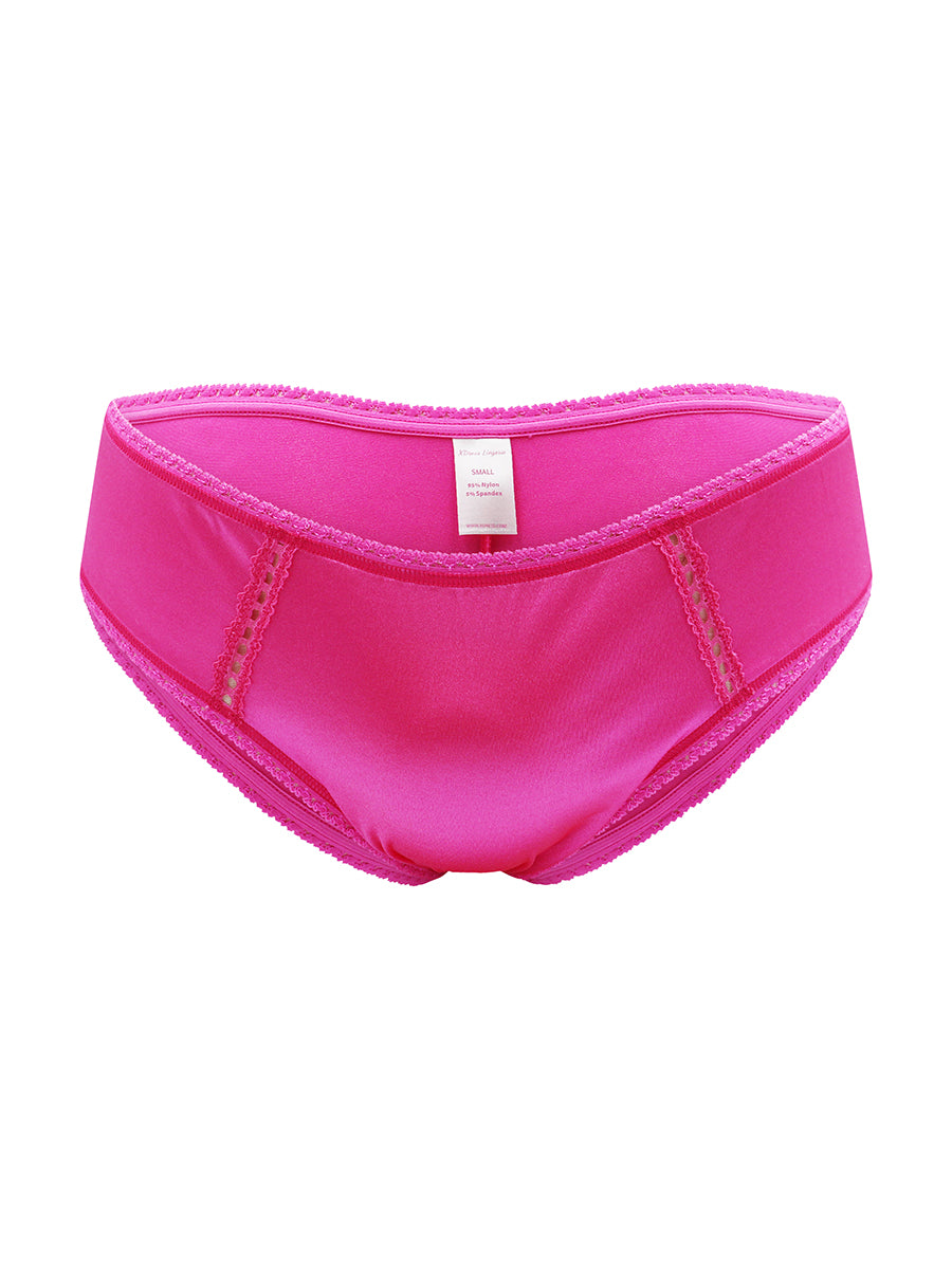 Front view of pink satin panties with lace trim against a white background.