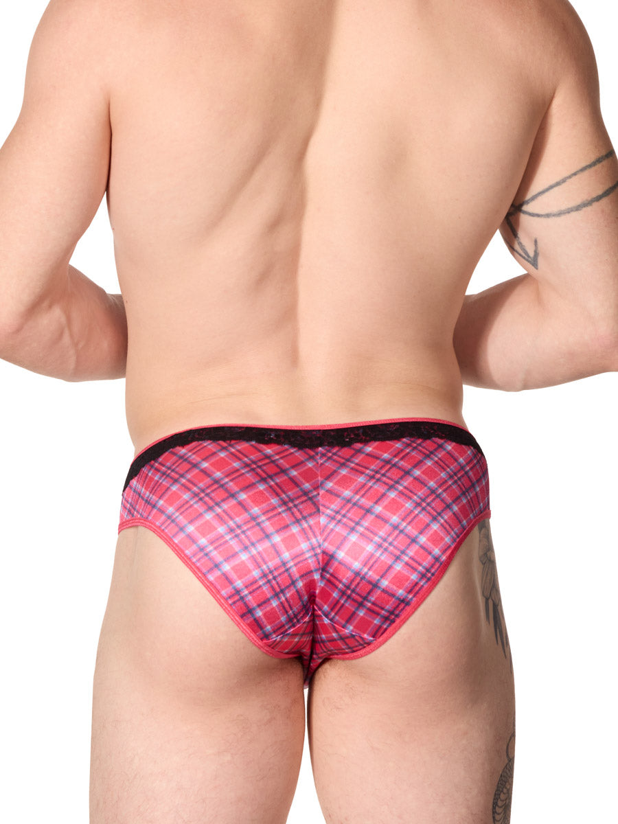 back view of a man wearing a pink plaid satin XDress panty