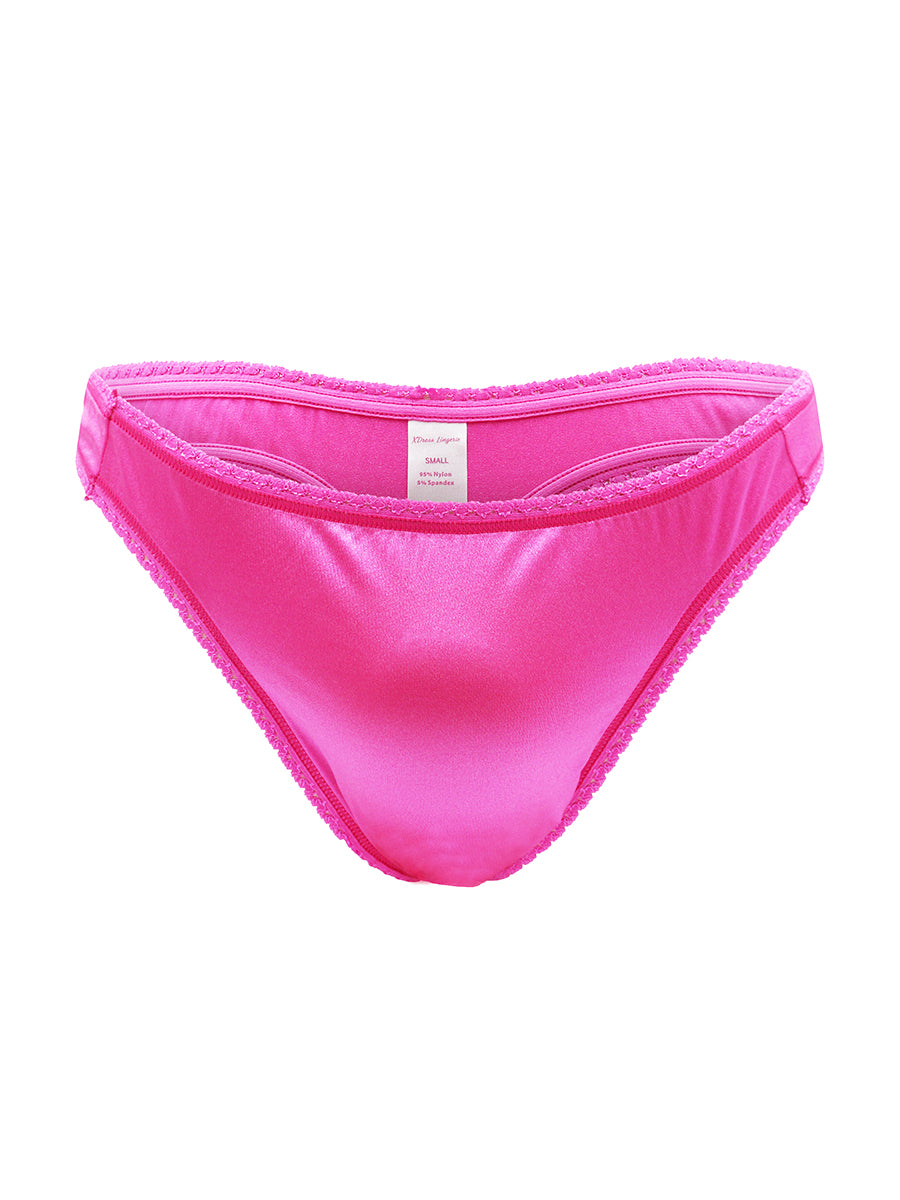 Front view of a bright pink satin thong against a white background.