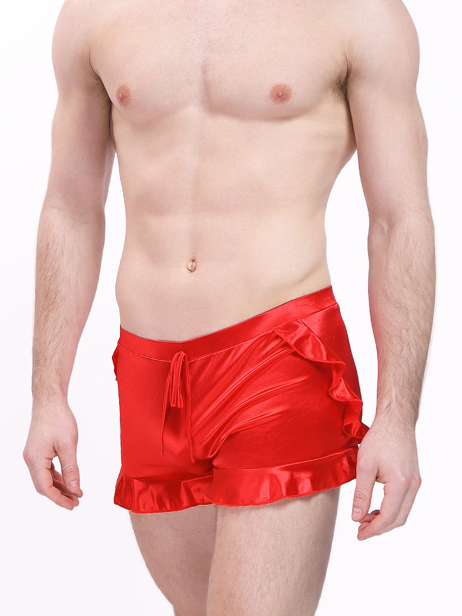 men's red satin ruffle shorts - XDress