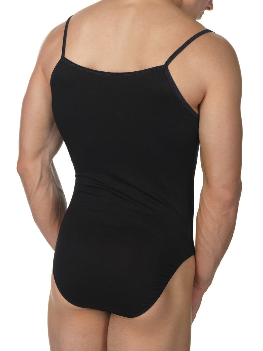 Men's black soft rayon spaghetti strap leotard bodysuit