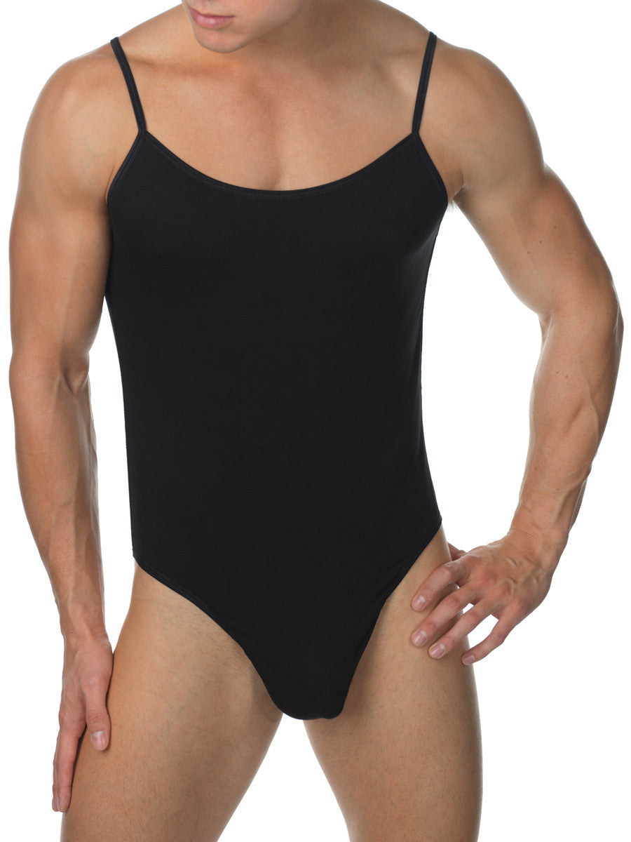 Men's black soft rayon spaghetti strap leotard bodysuit