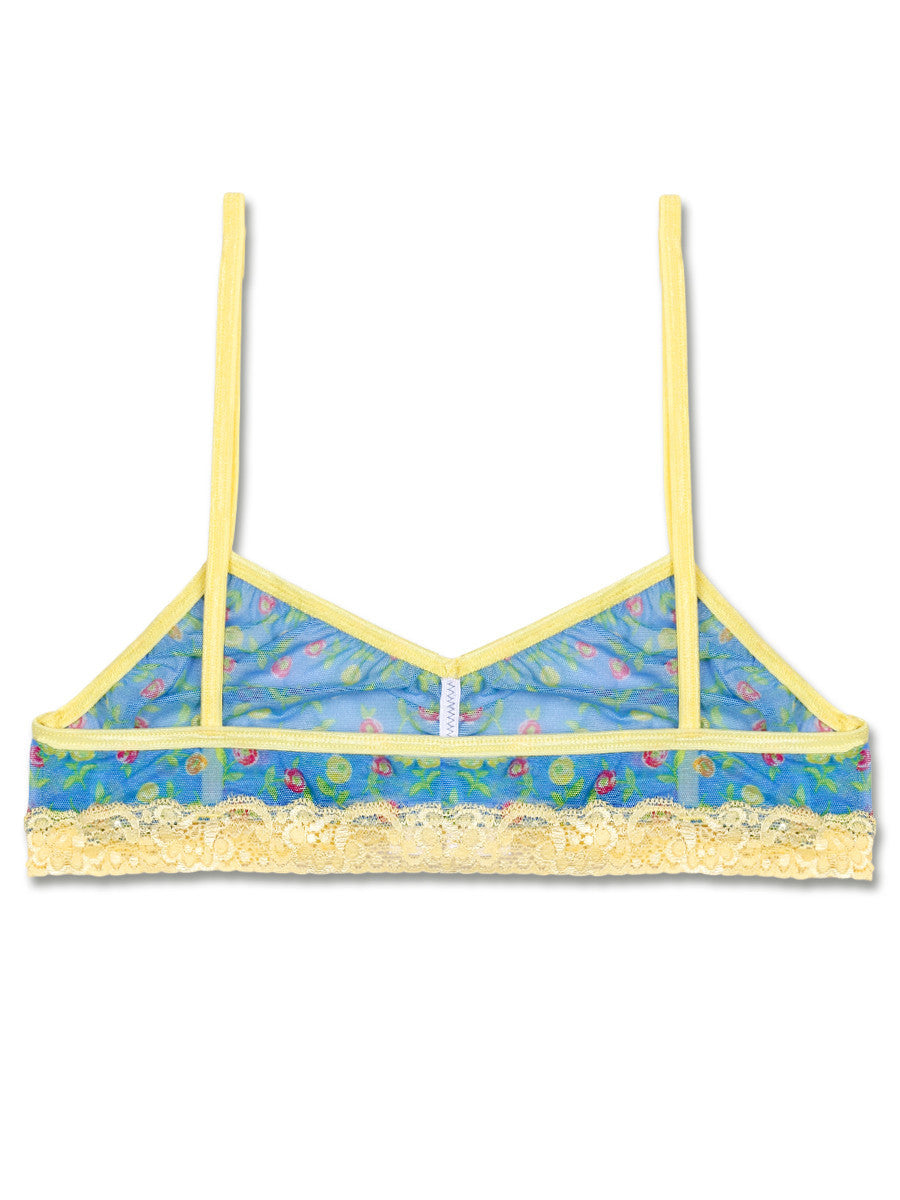 Women's blue and yellow floral patterned mesh see through lace bra