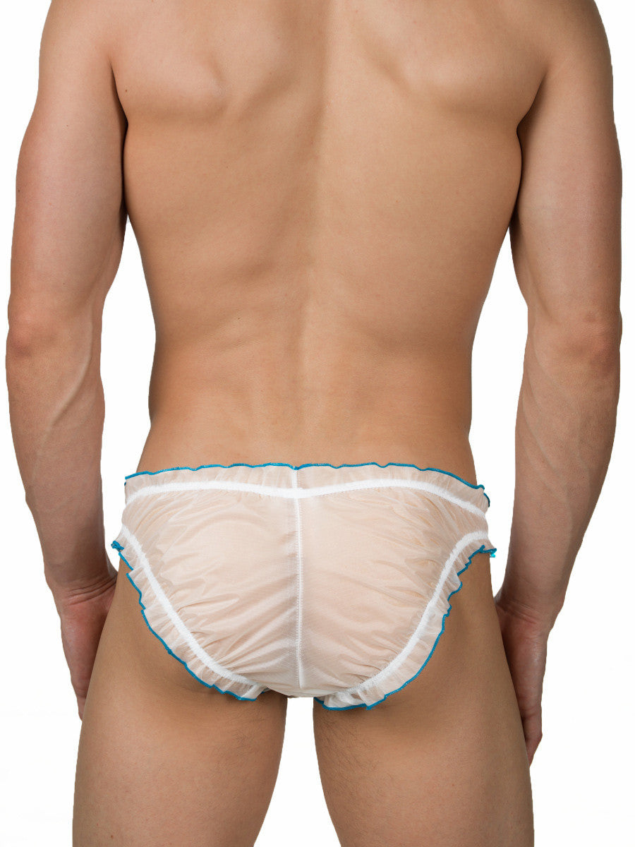 Men's white nylon see through ruffle sissy brief panties