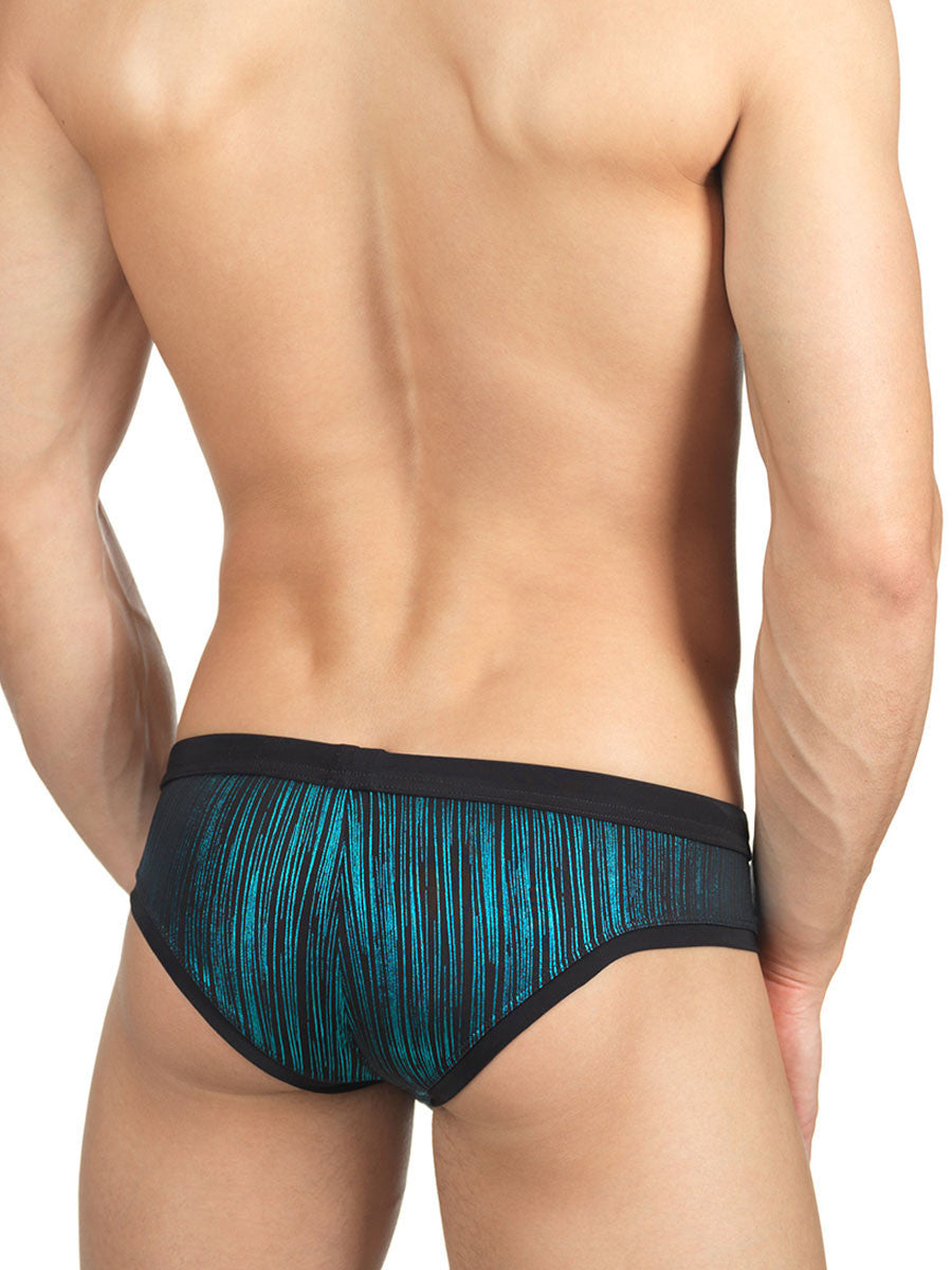 Men's metallic turquoise and black drawstring swim brief