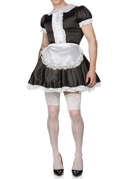 Men adult sissy french maid uniform satin dress fancy cosplay party