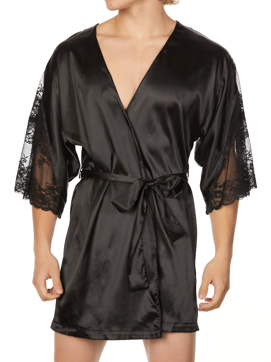 Men's black satin and lace robe