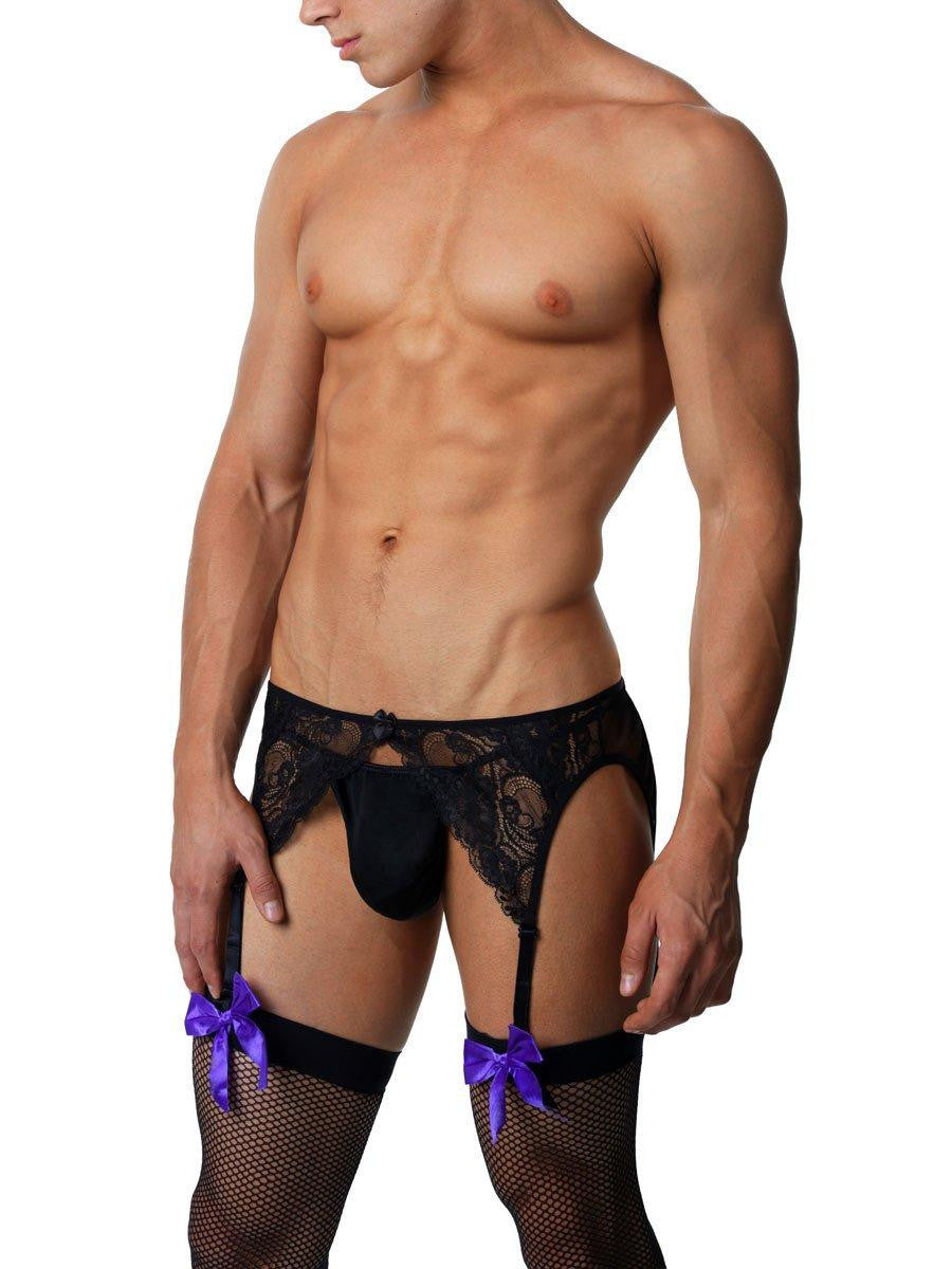 Men's black lace crossdressing sissy garter belt