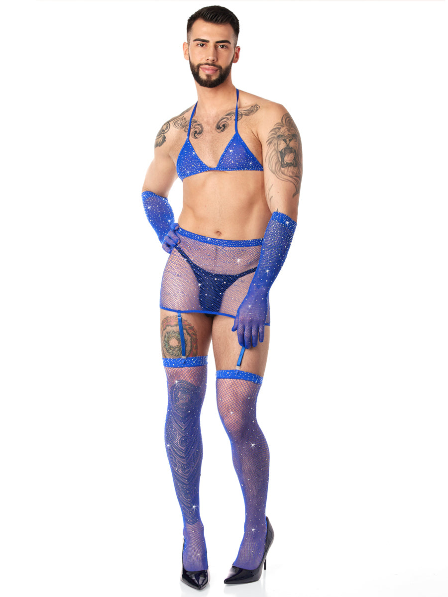 Unisex blue rhinestone and fishnet four piece set