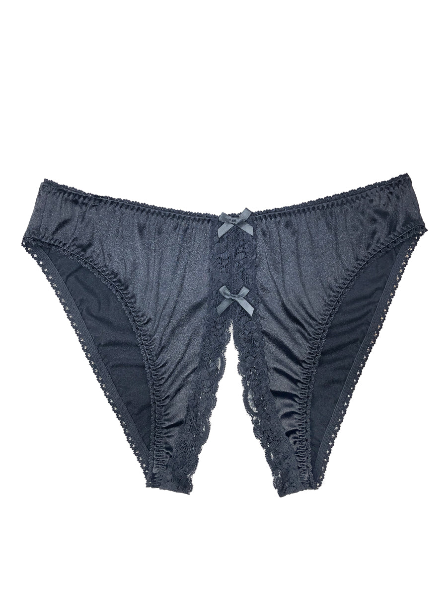Men's black crotchless satin panties