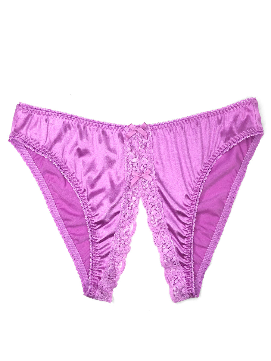 Men's purple crotchless satin panties