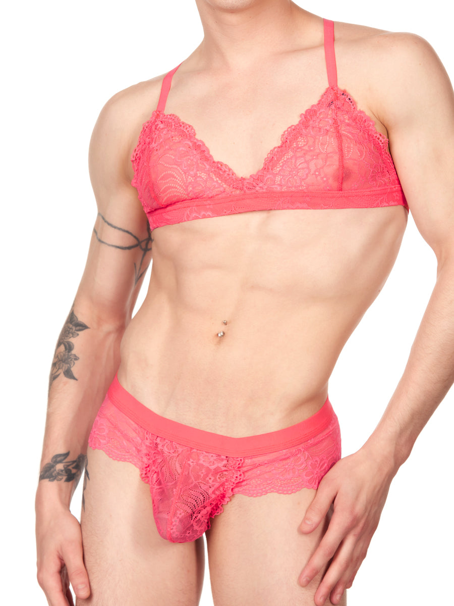Men's pink lace racerback bra