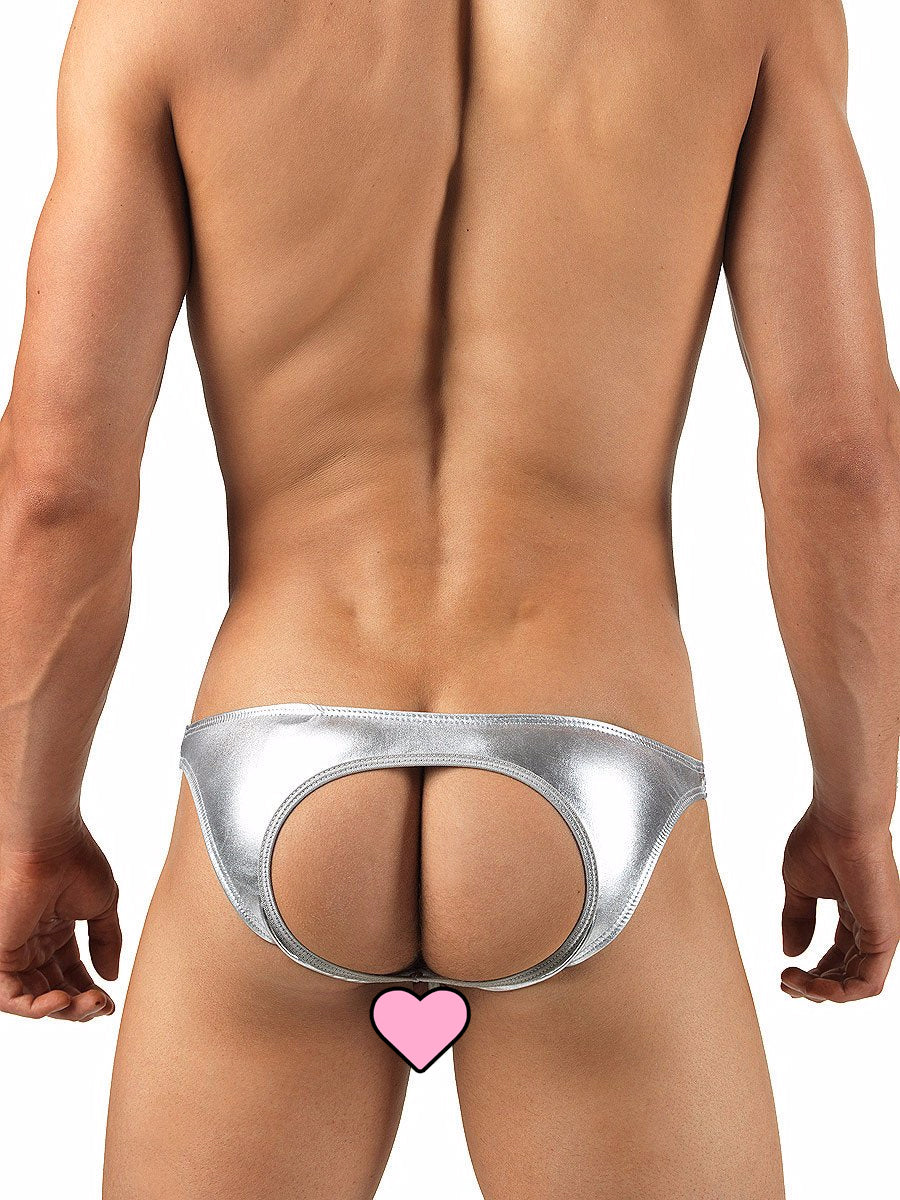 Men's shiny metallic silver erotic jock underwear with penis hole and cock ring