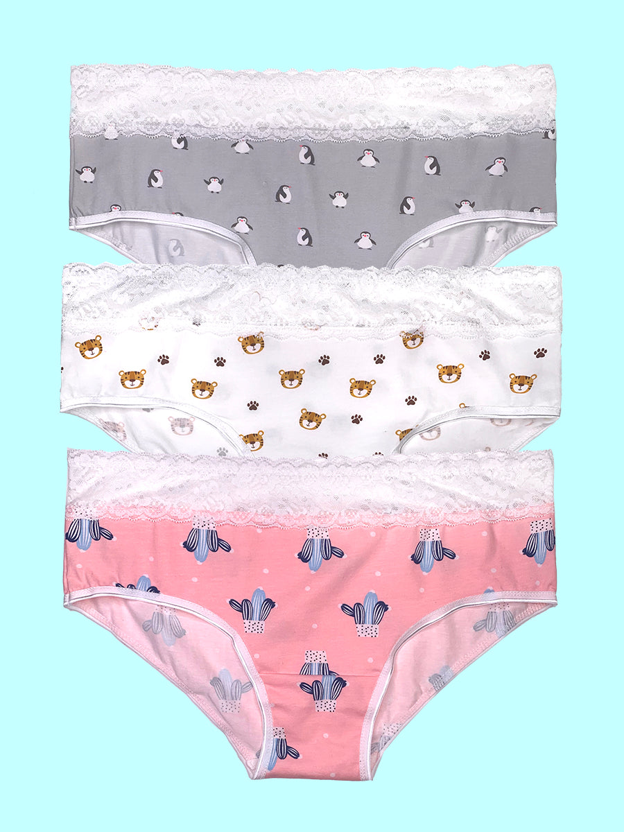 Flat lay image of three pairs of XDress panties. The top pair is grey with penguins, the middle pair is white with tigers, and the bottom pair is pink with cacti