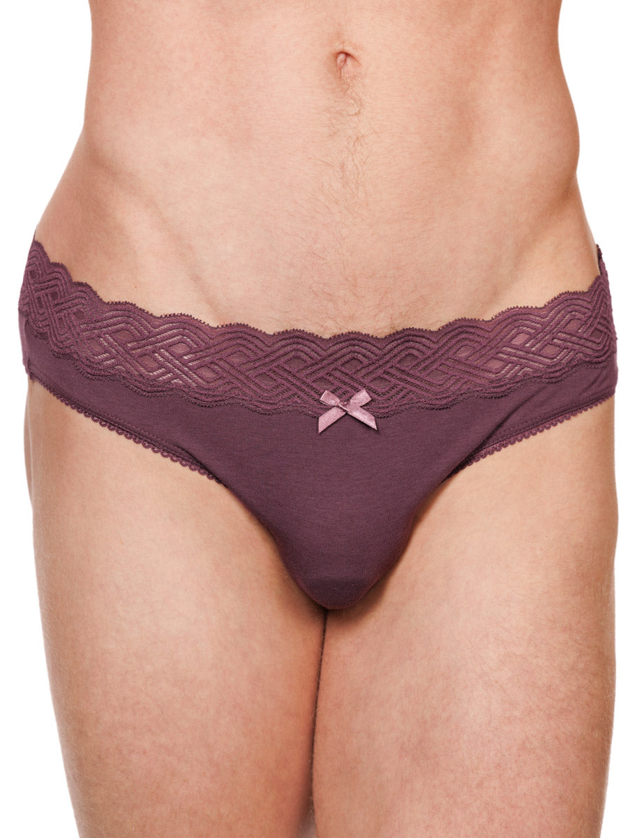 Closeup view of a male model wearing burgundy red XDress cotton panties with a lace waistband