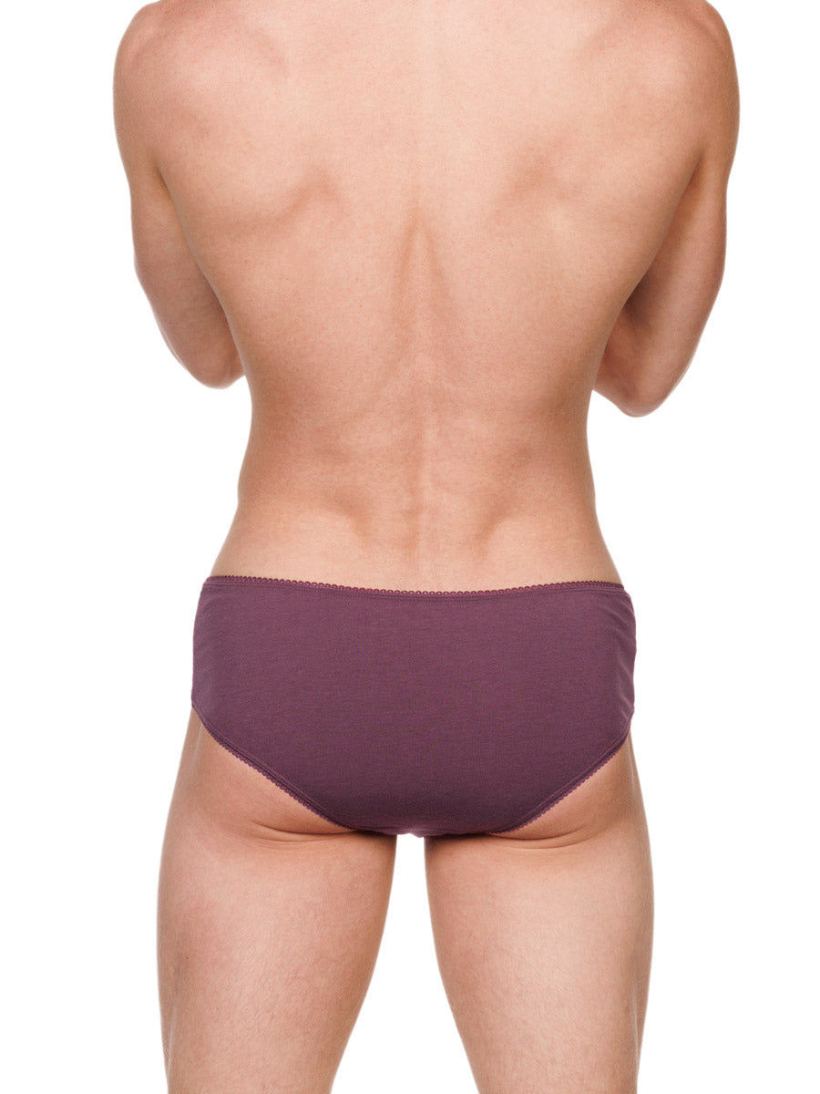 Back view of a male model wearing burgundy red XDress cotton panties