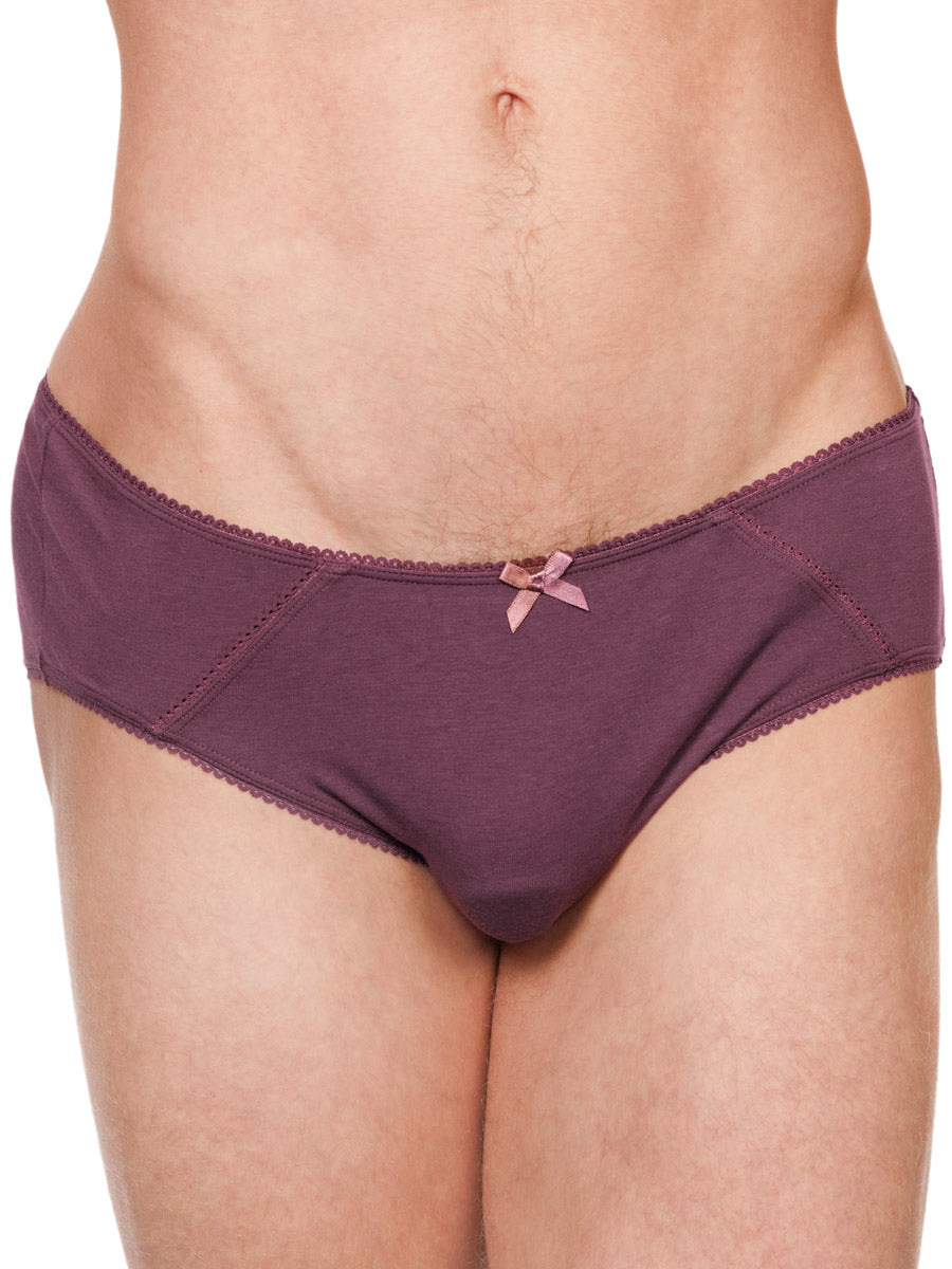 Closeup view of a male model wearing burgundy red XDress cotton panties