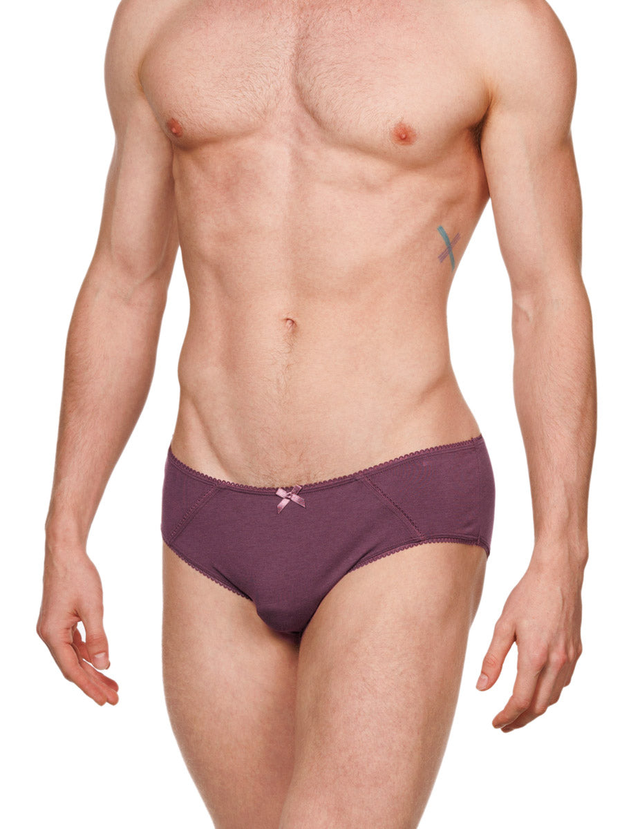 Side view of a male model wearing burgundy red XDress cotton panties