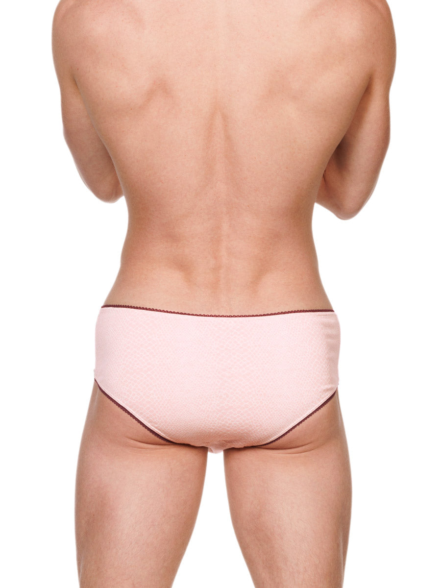 Back view of a male model wearing pink cotton XDress panties with red lace