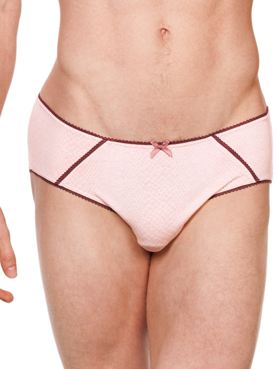 Closeup view of a male model wearing pink cotton XDress panties with red lace