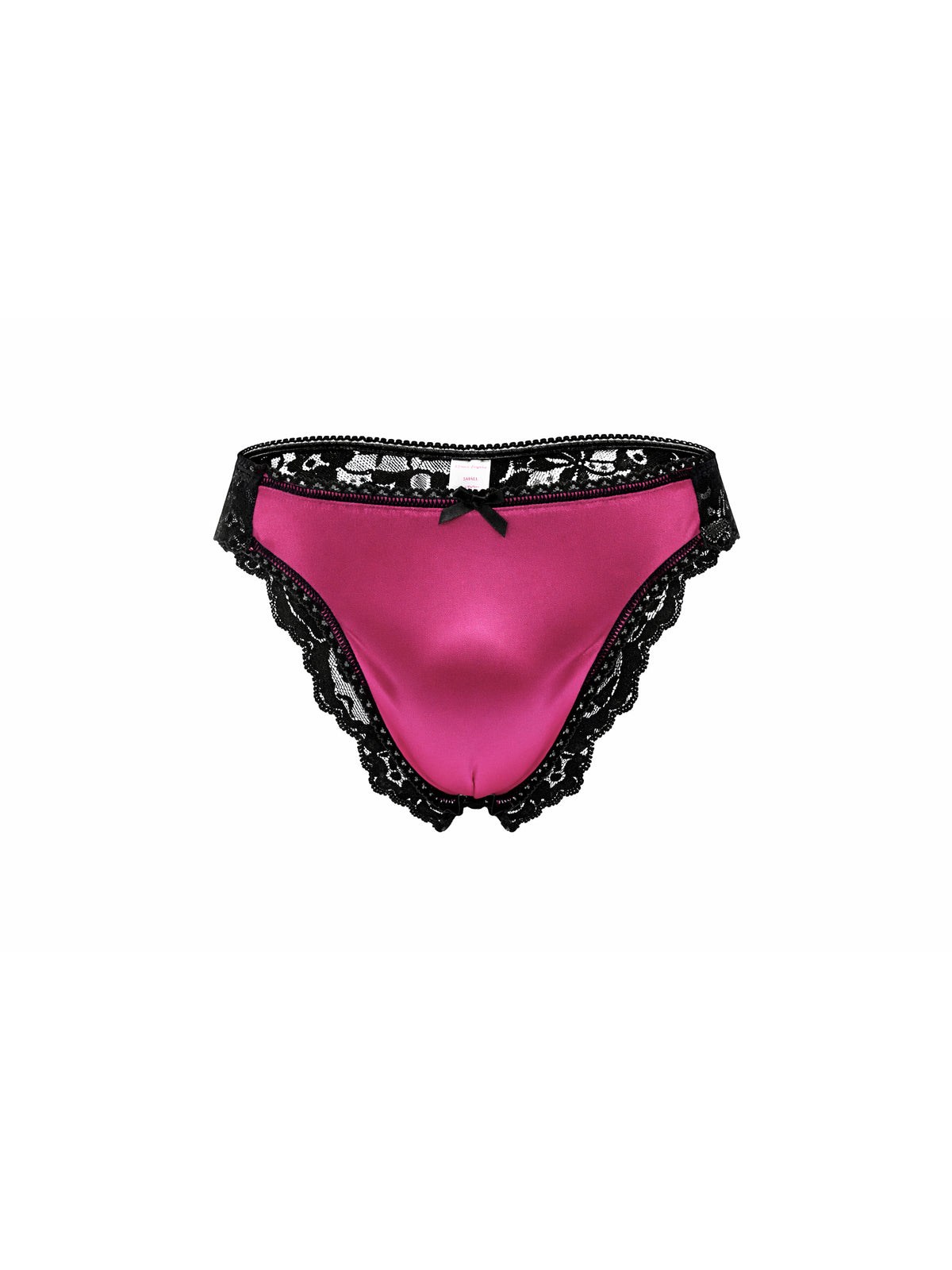 Front view of a pink satin men's panty with black lace, on a white background.