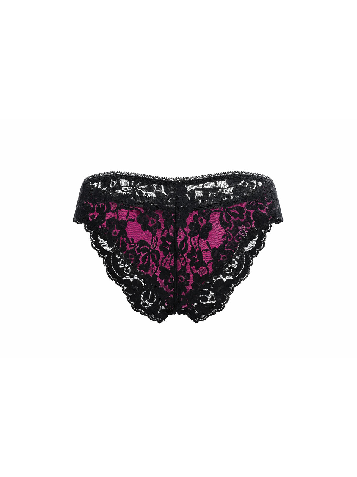 Rear view of a pink satin men's panty with black lace, on a white background.