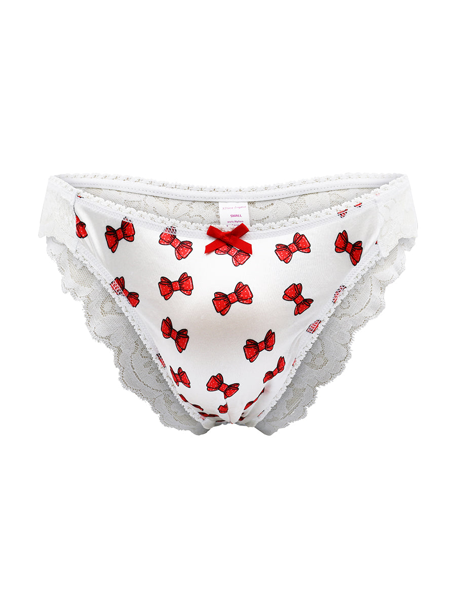 White underwear with red bow pattern on a white background