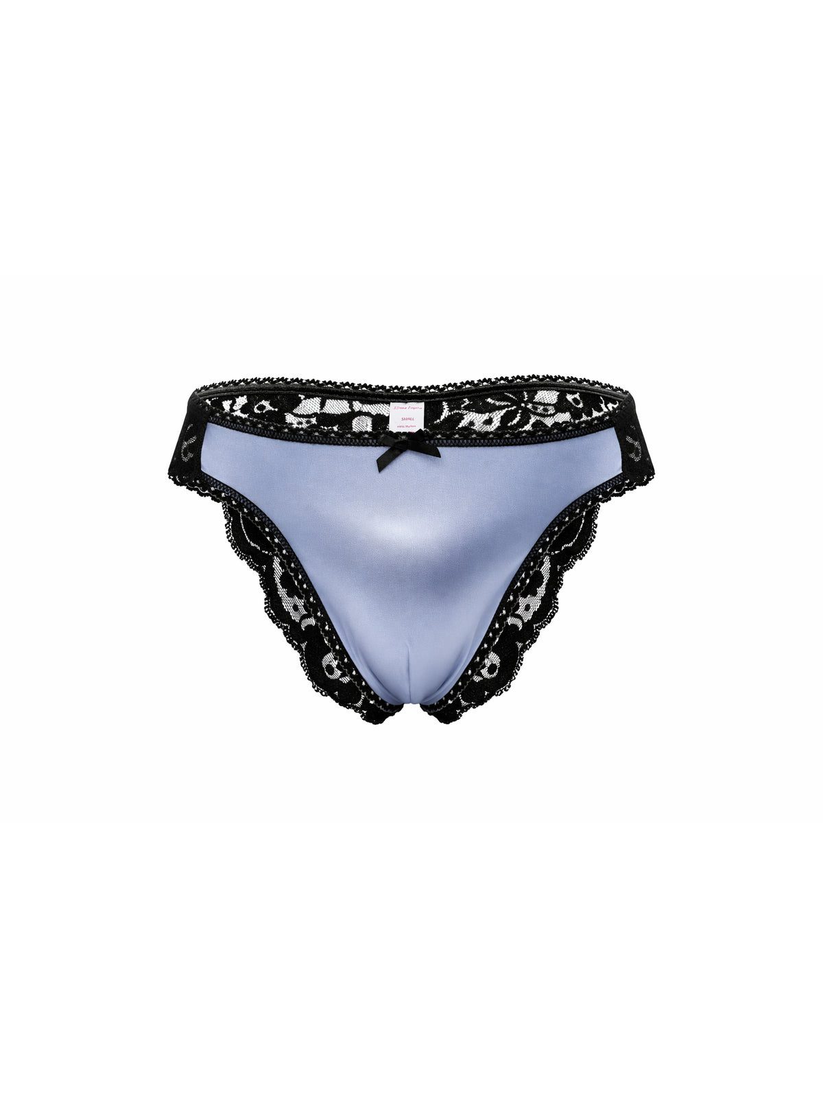 Front view of a light blue satin men's panty with black lace, on a white background.