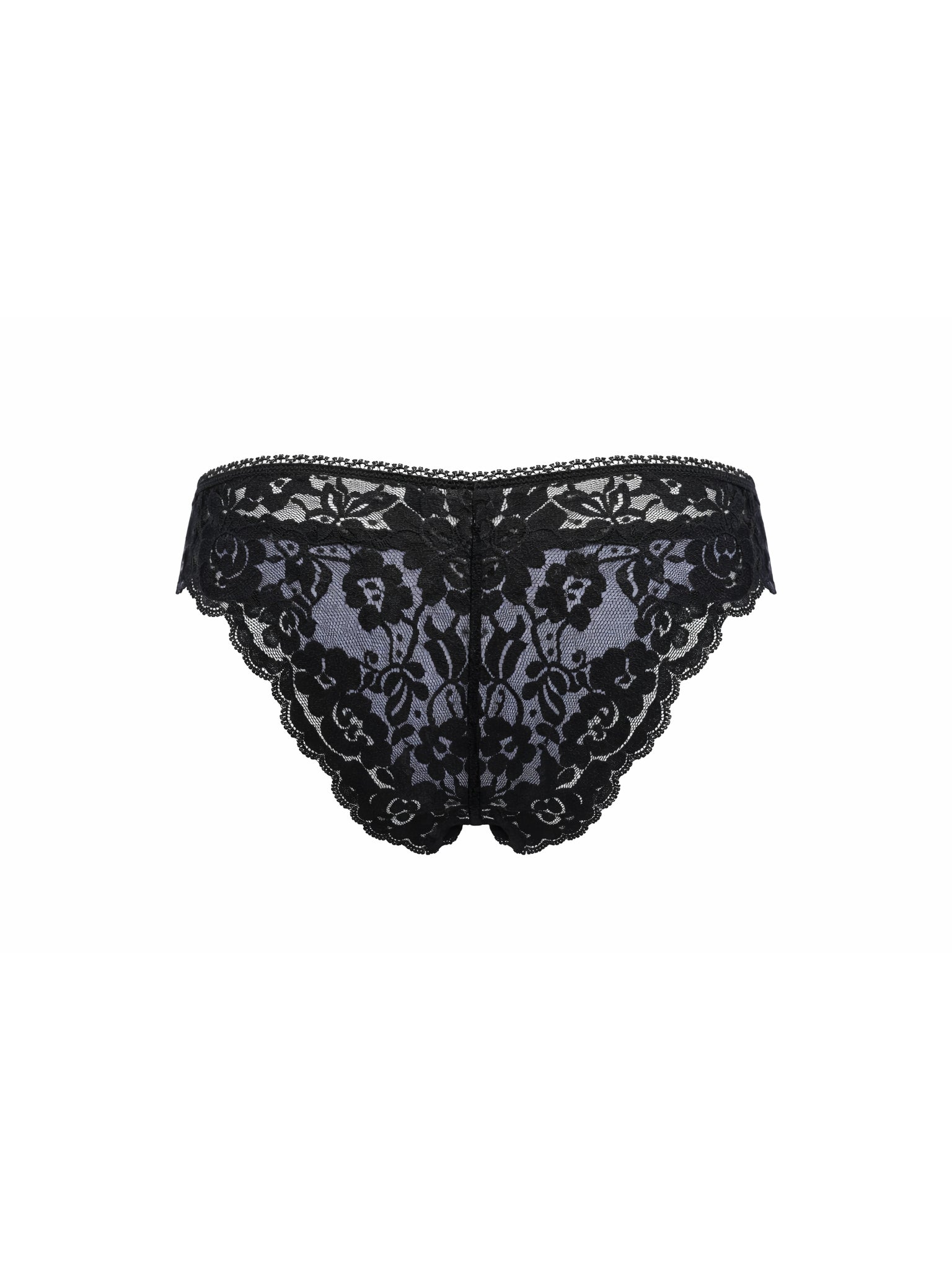Rear view of a light blue satin men's panty with black lace, on a white background.