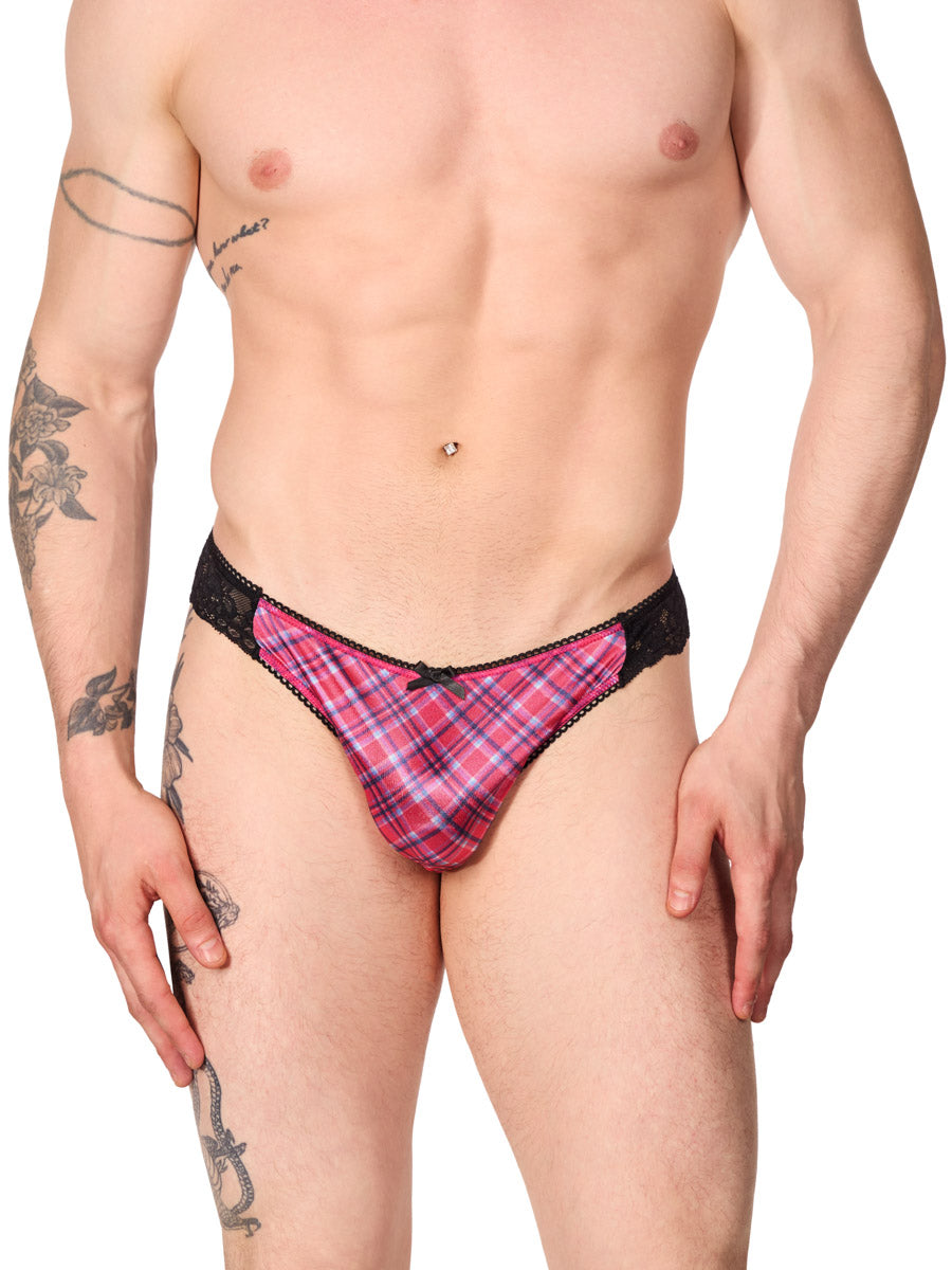 front view a man wearing a pink plaid satin and lace XDress panty