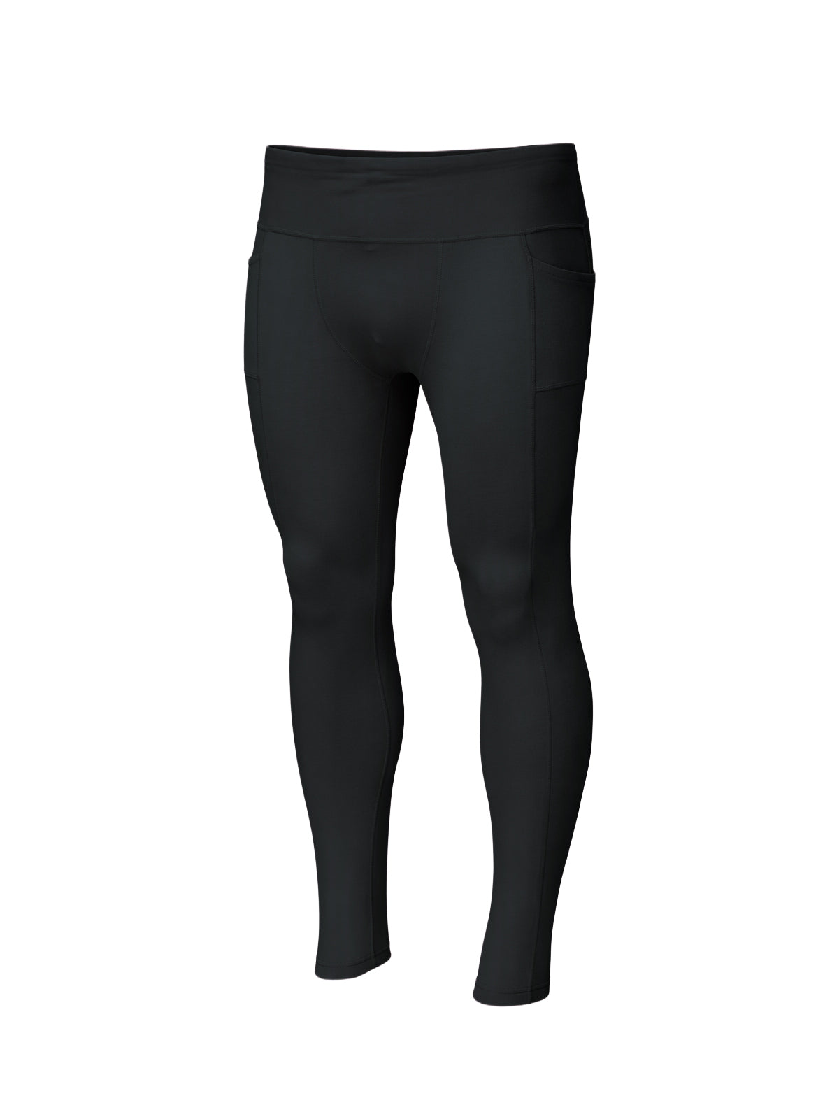 Black high-waisted athletic leggings with side pockets, shown on a plain white background.