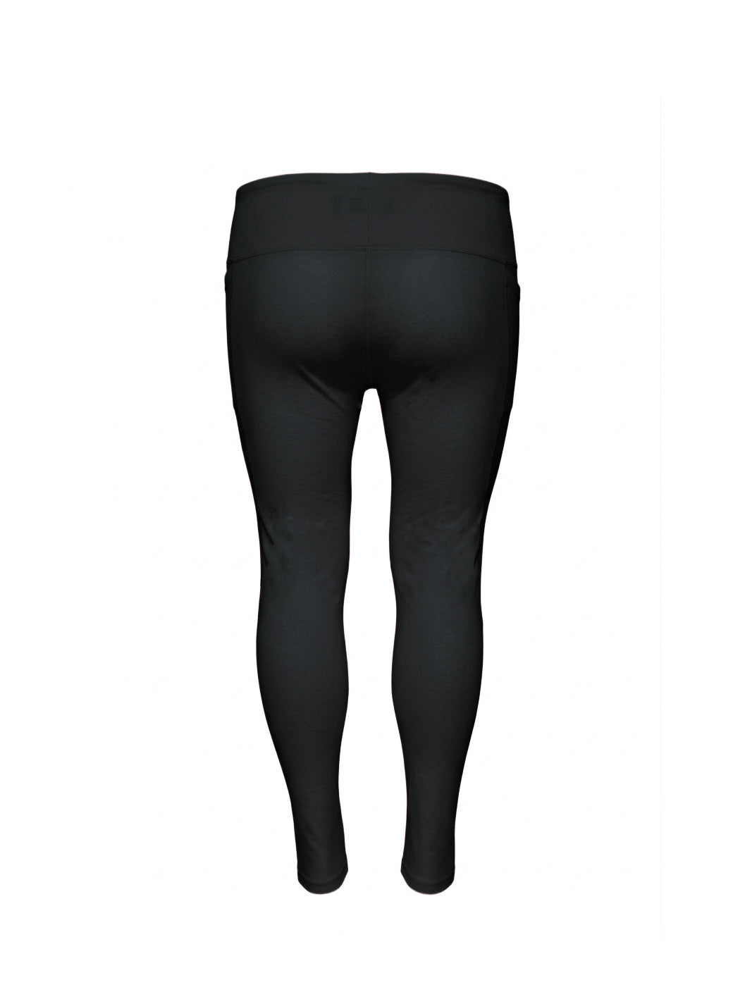 Black high-waisted leggings shown from the back on a plain white background.