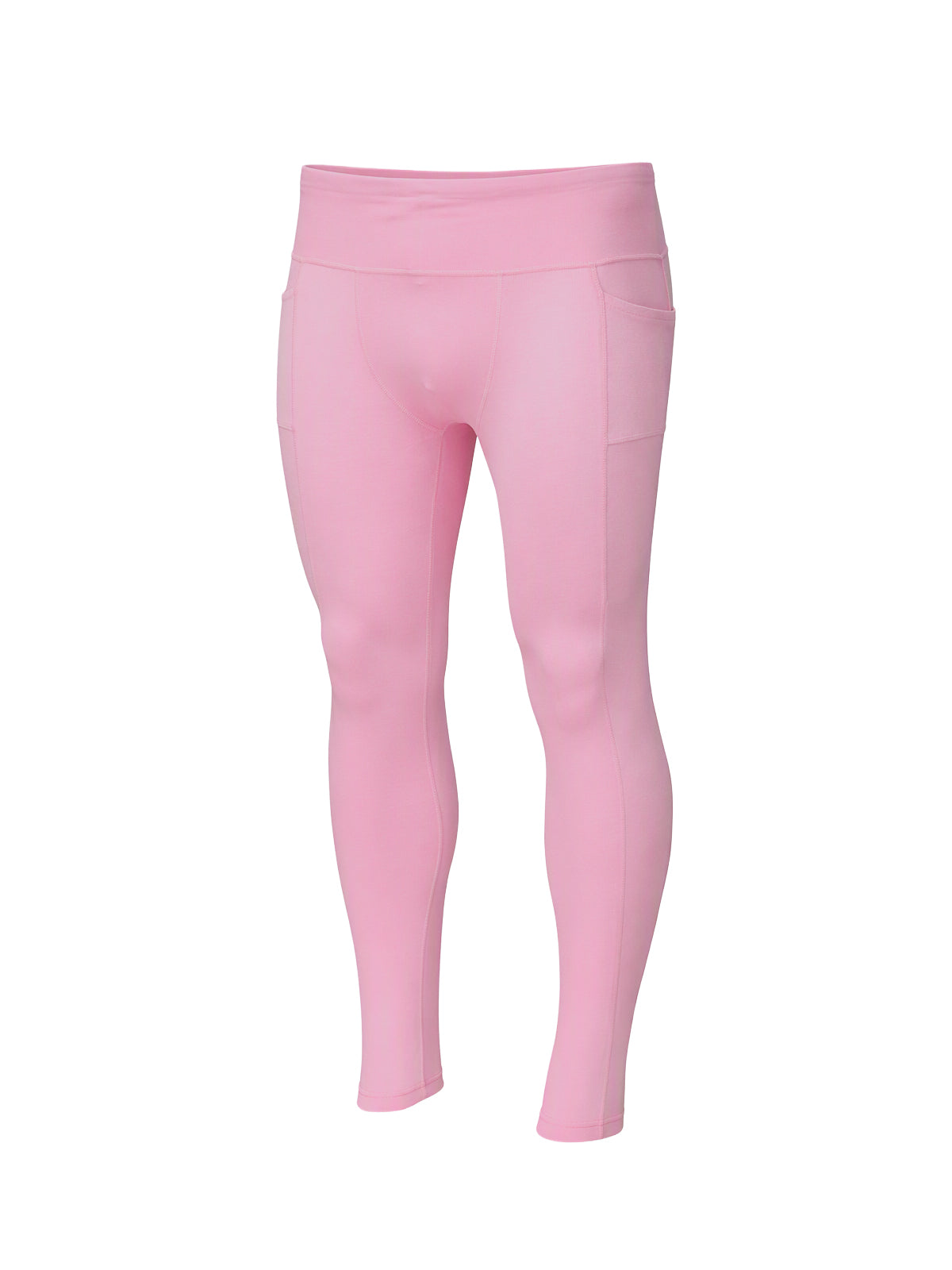Pink high-waisted athletic leggings with side pockets, shown on a plain white background.
