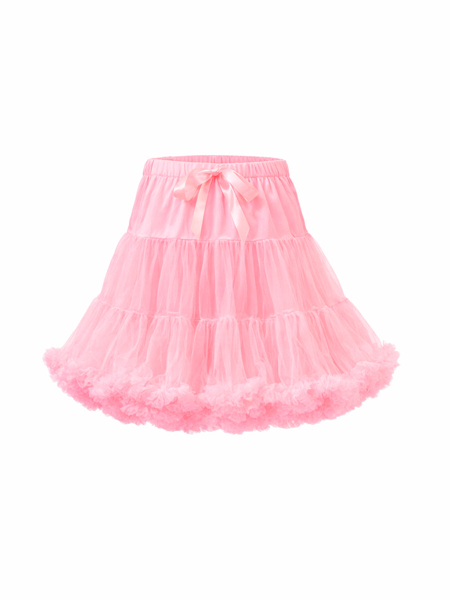 Front view of a light pink lace petticoat with a satin bow