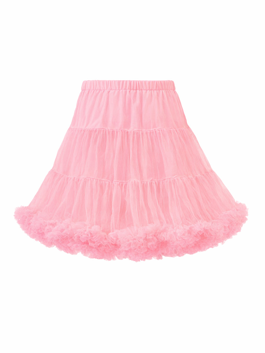 Rear view of a light pink lace petticoat with a satin bow