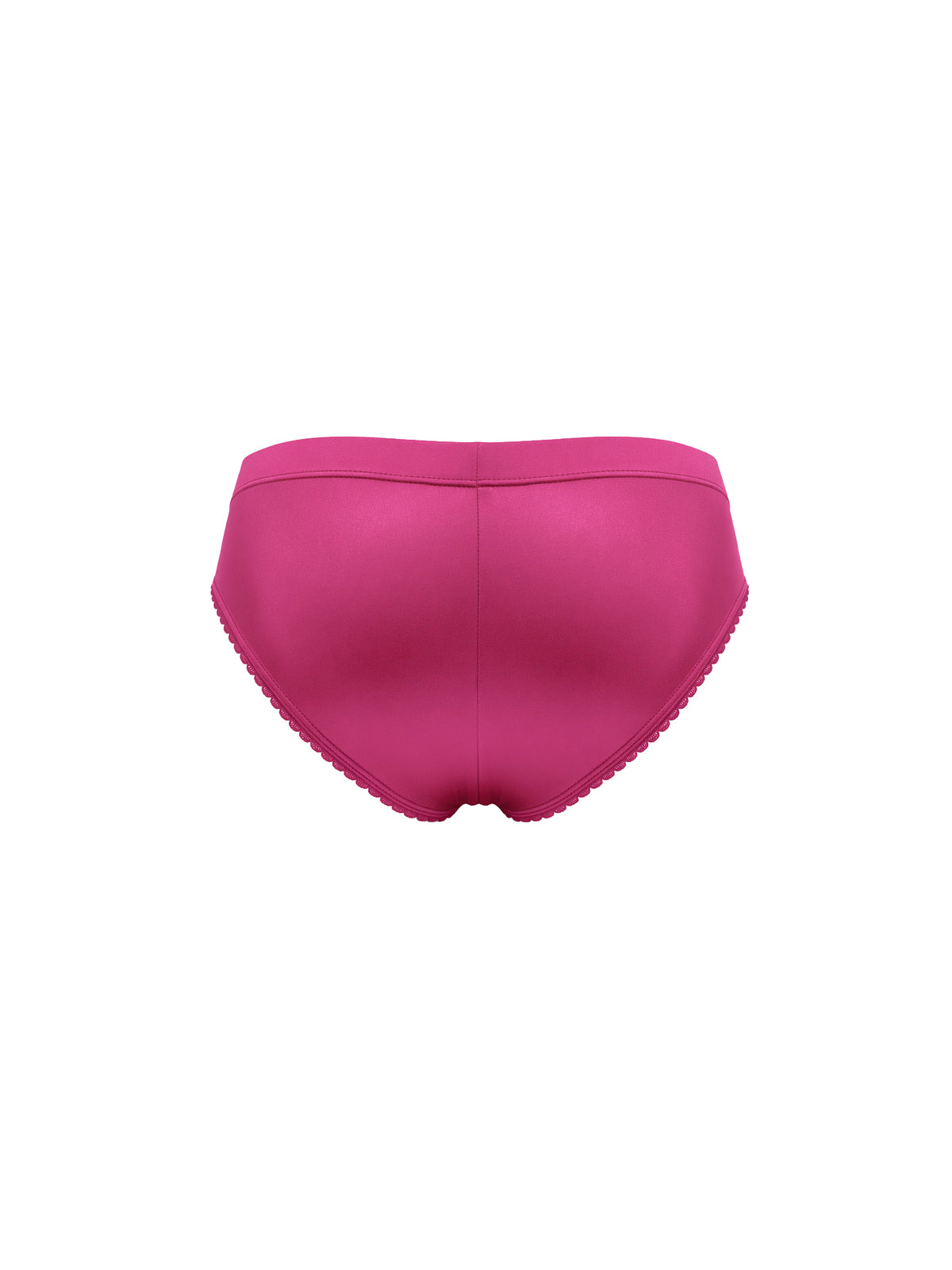 Rear view of a pink satin panty on a white background.