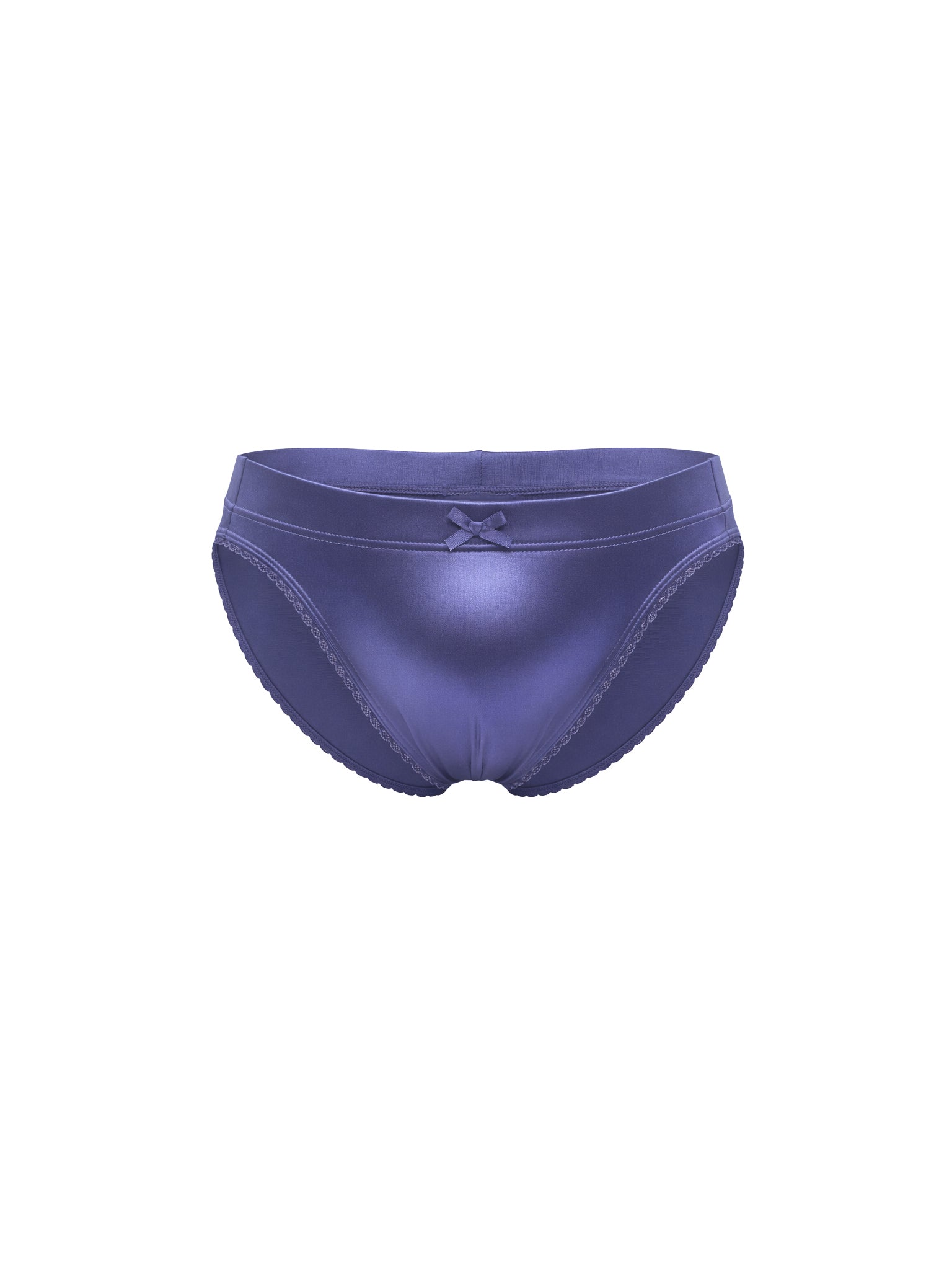 Front view of a navy blue satin panty on a white background.