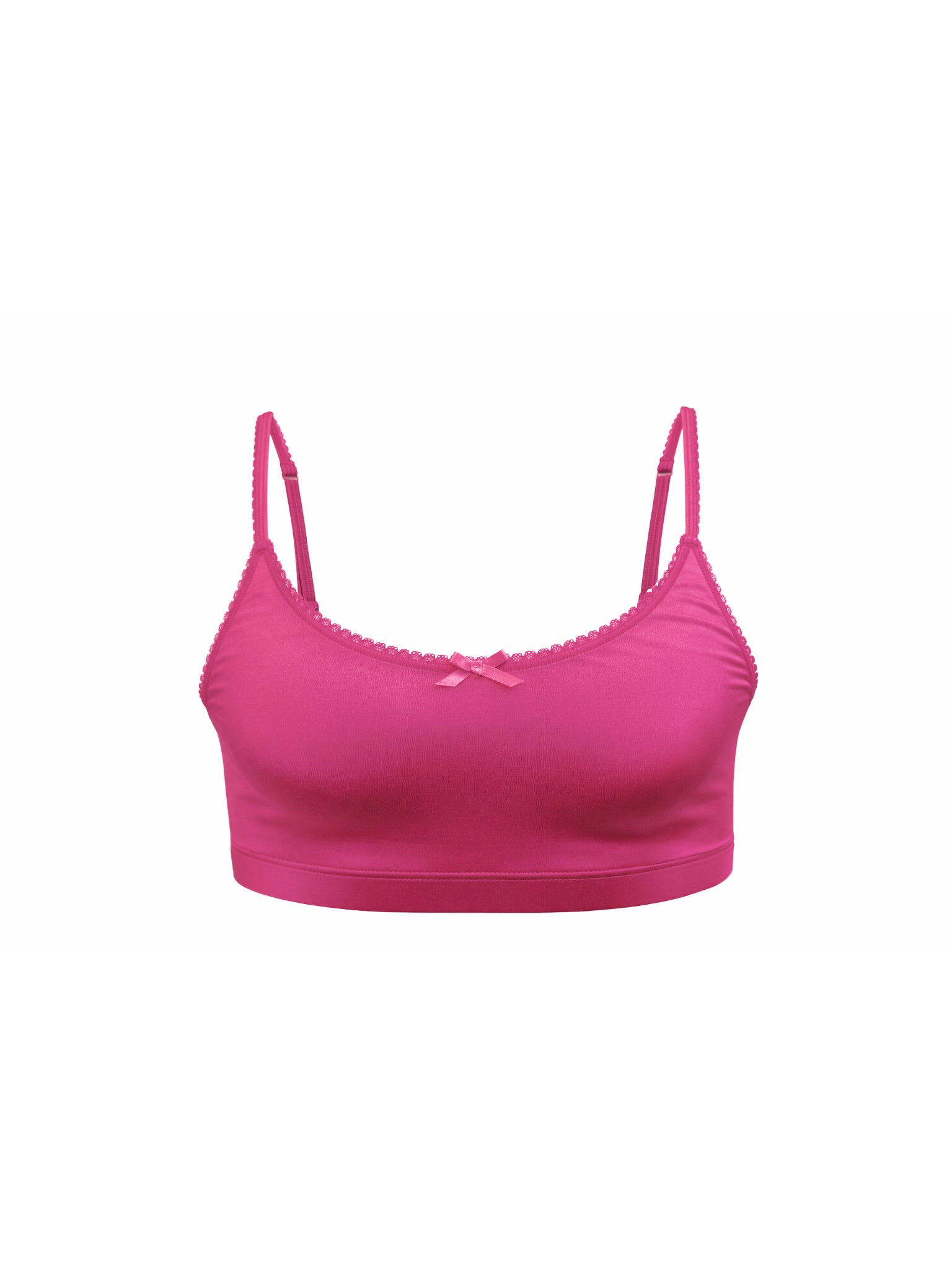 Front view of a pink satin bra on a white background.