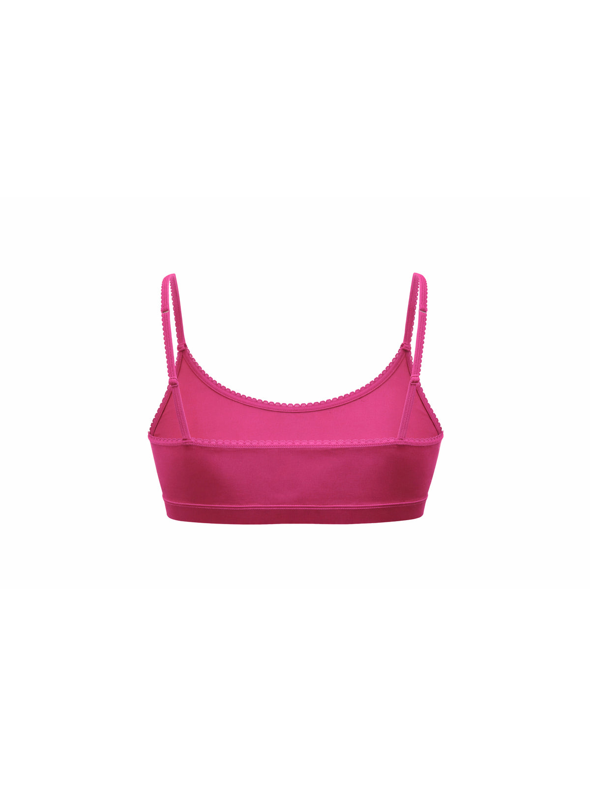 Rear view of a pink satin bra on a white background.