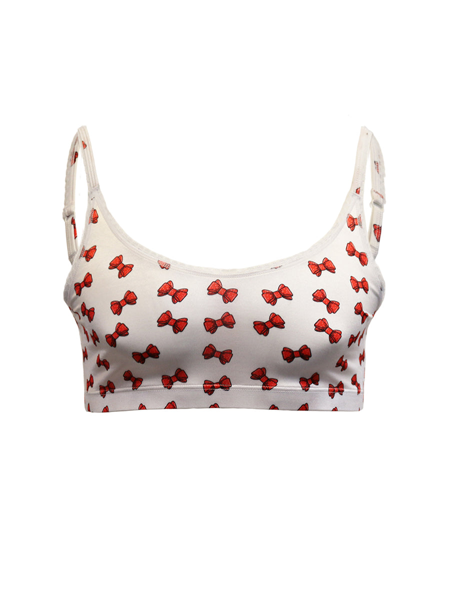 Front view of a white satin men's bra with red bow pattern on a white background.