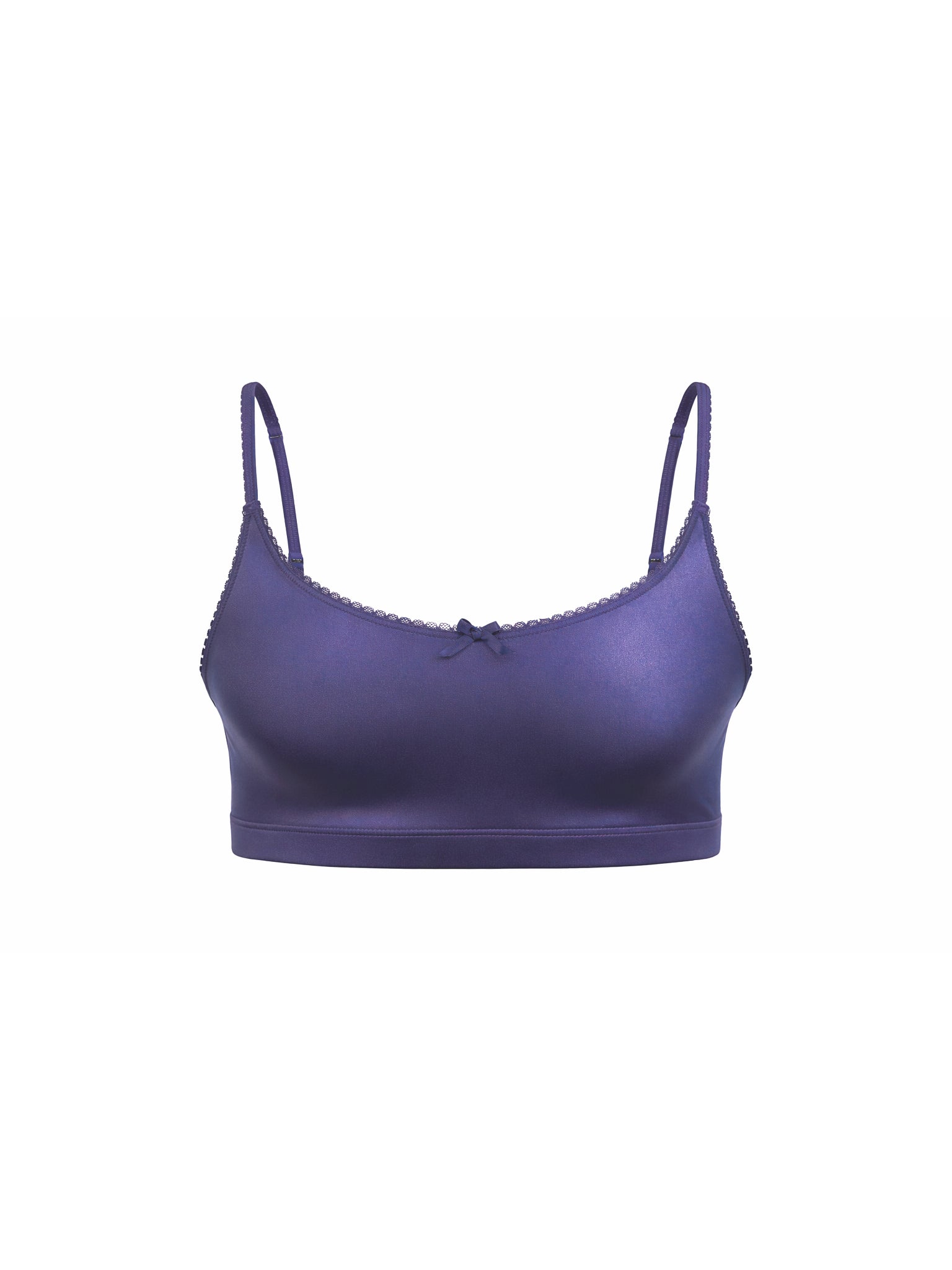Front view of a navy blue satin bra on a white background.