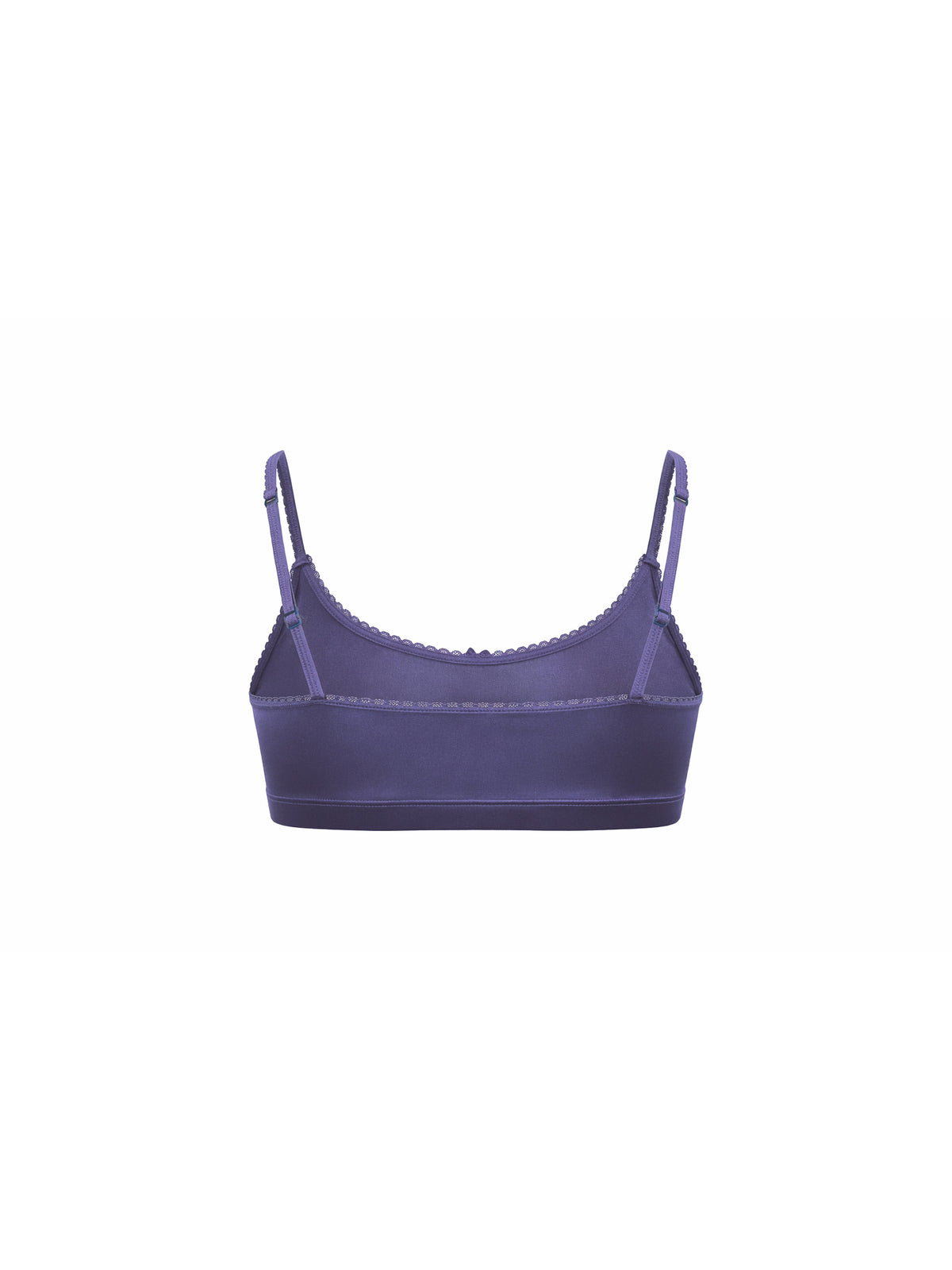 Rear view of a navy blue satin bra on a white background.