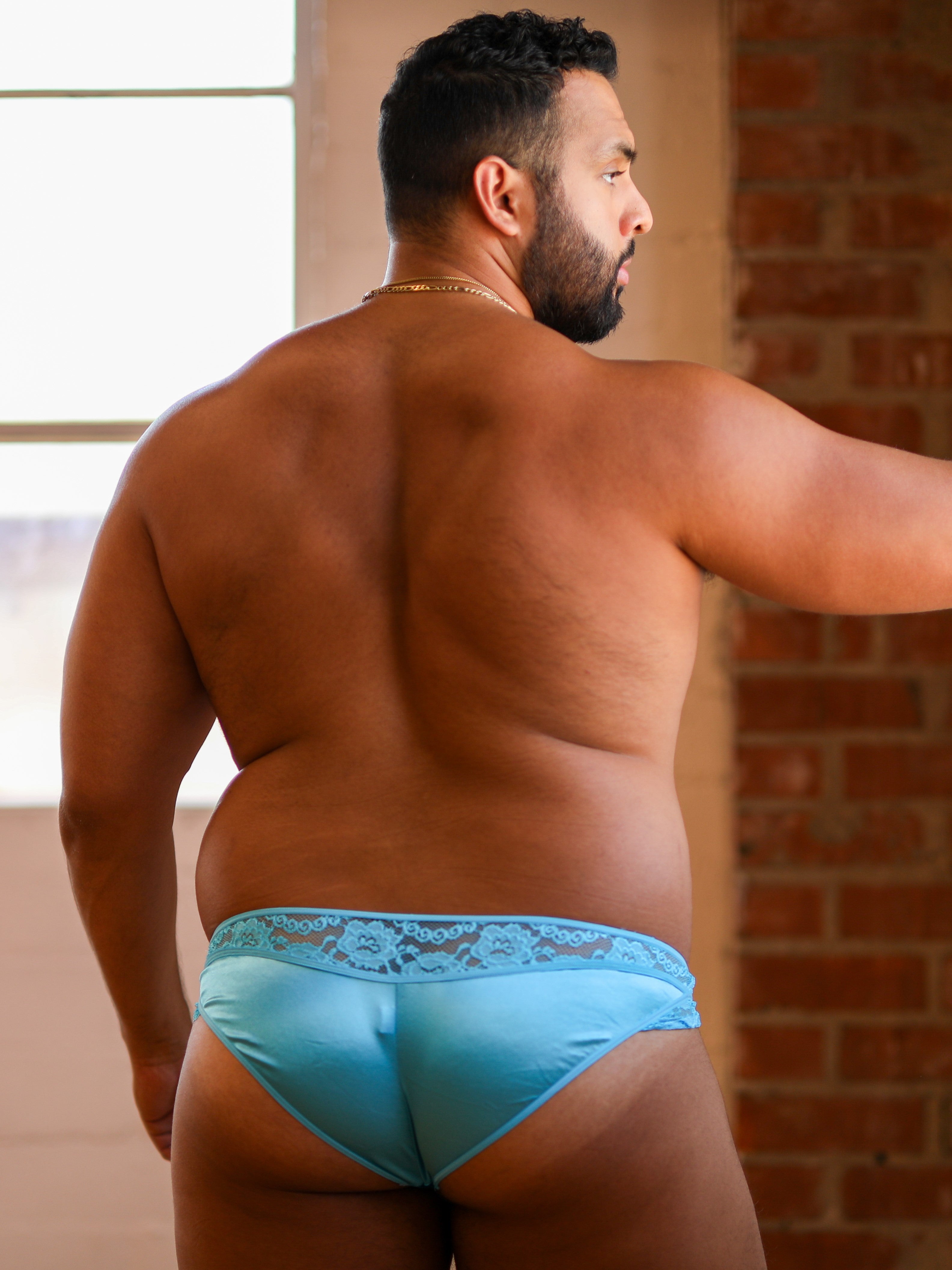 men's blue satin & lacey bikini panties - XDress Lingerie for Men