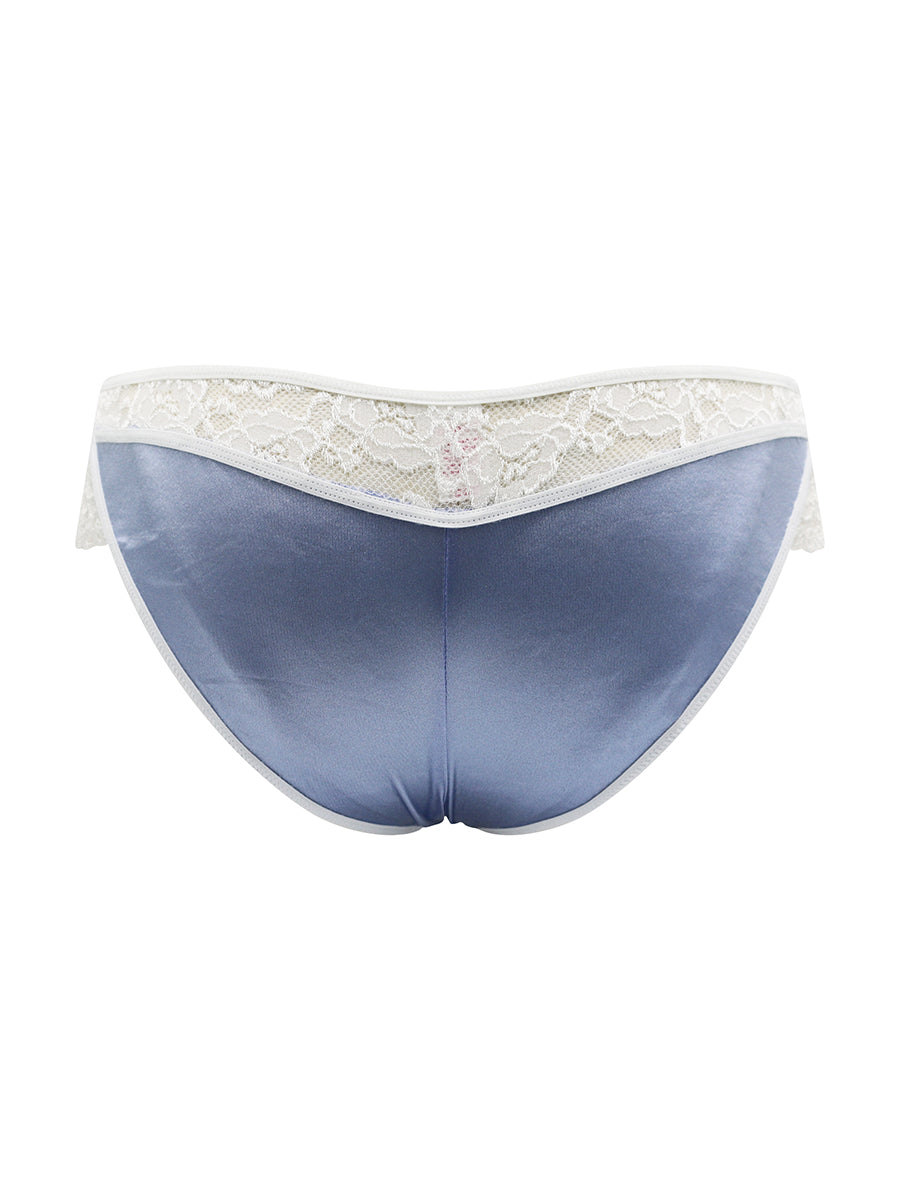 Back view of a light blue satin panty with a white lace waistband, against a white background.
