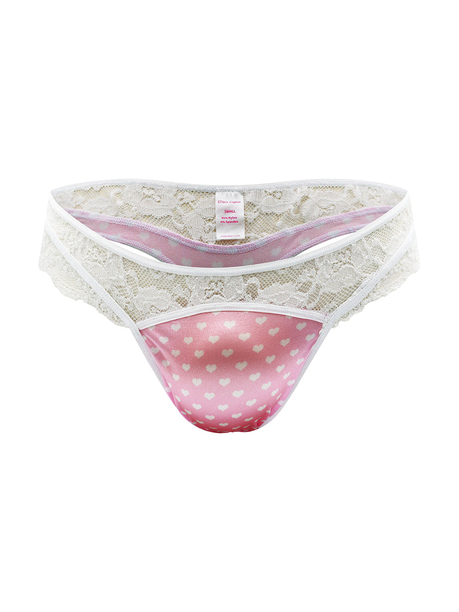Front view of a pink satin thong with a white lace waistband, against a white background.